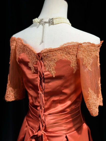 Appliqued Off The Shoulder Orange Satin Evening Dress  J11848