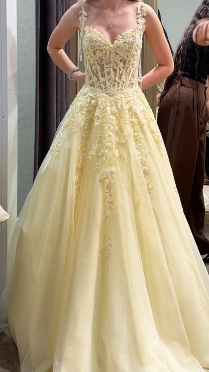 Appliqued Straps A Line Yellow Tulle Formal Prom Dress J11915