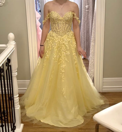 Appliqued Straps A Line Yellow Tulle Formal Prom Dress J11915