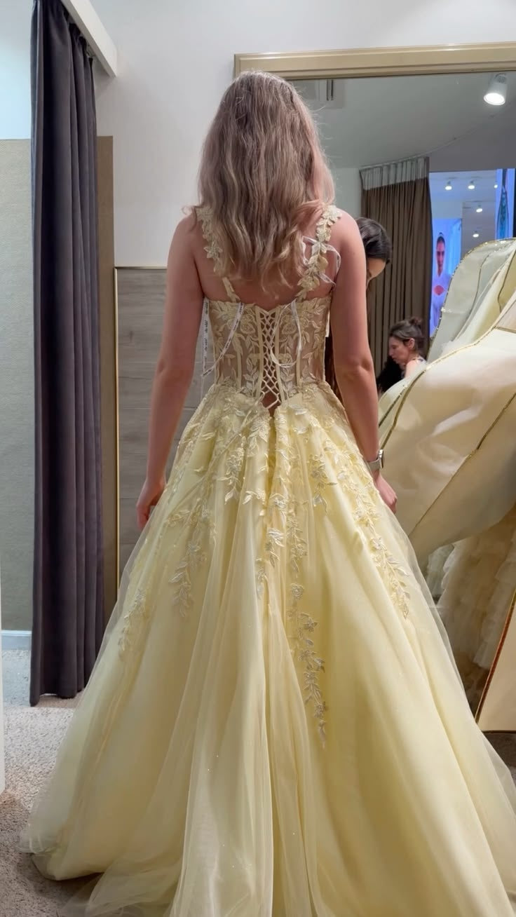 Appliqued Straps A Line Yellow Tulle Formal Prom Dress J11915