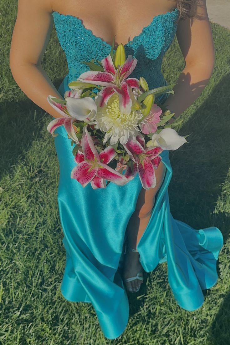 Appliqued V Neck Mermaid Satin Formal Prom Dress With Slit  J11925