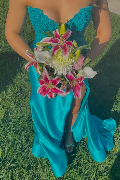 Appliqued V Neck Mermaid Satin Formal Prom Dress With Slit  J11925