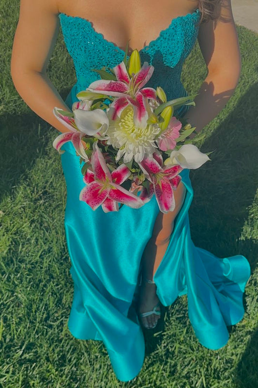 Appliqued V Neck Mermaid Satin Formal Prom Dress With Slit  J11925
