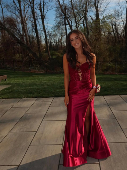 Appliques Burgundy Sheath Satin Prom Dress With Slit  J10236