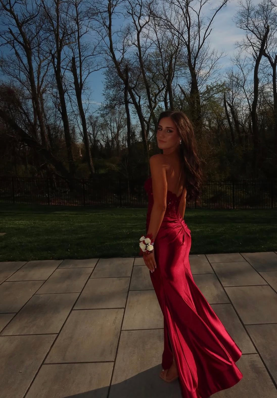 Appliques Burgundy Sheath Satin Prom Dress With Slit  J10236