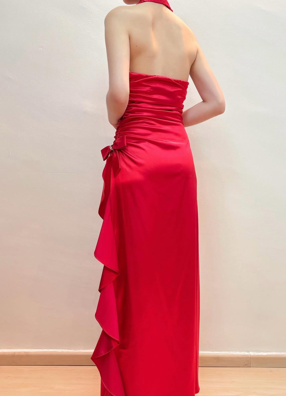 Halter Red Long Prom Dress Satin Ruffle Evening Dress J8551