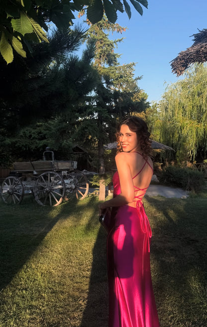 Robe de soirée fuchsia dos nu pour invité de mariage J7404