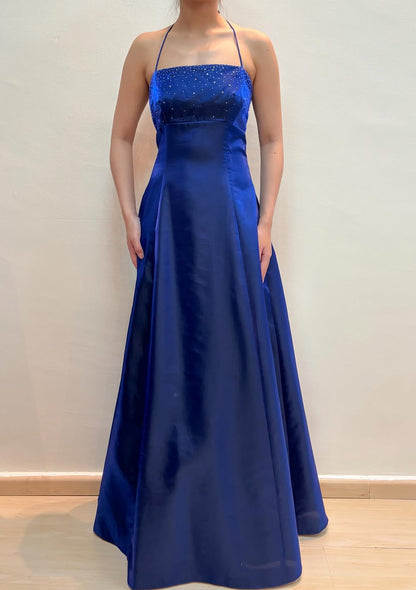 Halter Royal Blue A Line Long Prom Dress Satin Evening Party Dress J8569