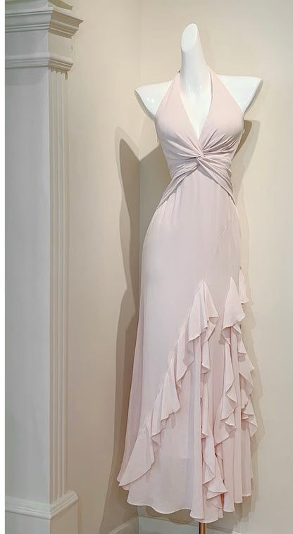 Halter Pink Ruffle Prom Dress Formal Evening Party Dress J7189
