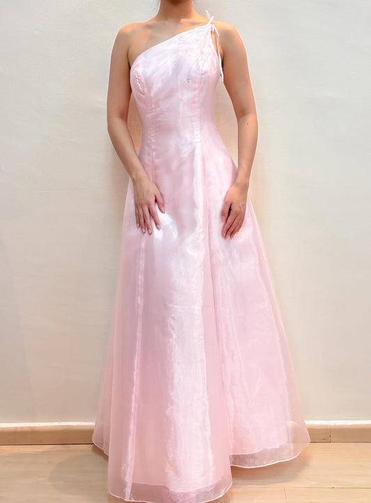 Rosa Langes Ballkleid mit einer Schulter, formelles Partykleid J8573