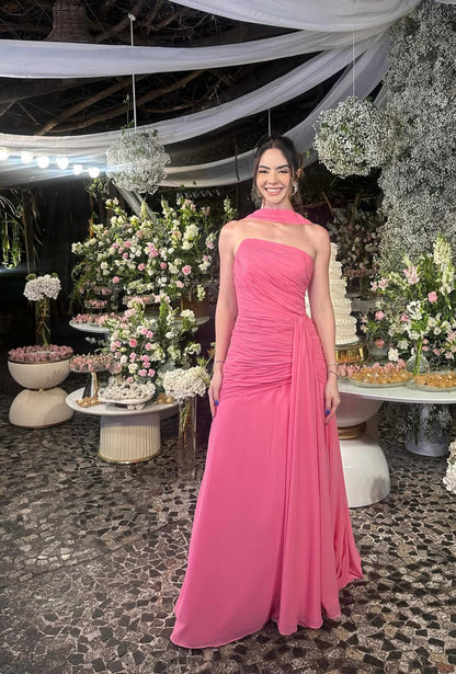 Strapless Pink Chiffon Long Prom Dress Elegant Graduation Dress Wedding Guest Dress J8055