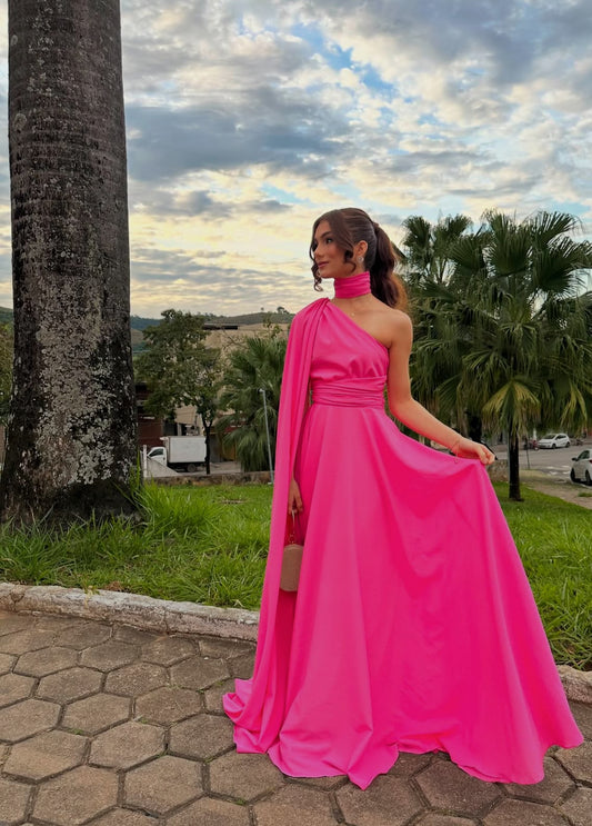 Robe de soirée rose vif asymétrique pour invité de mariage J7203