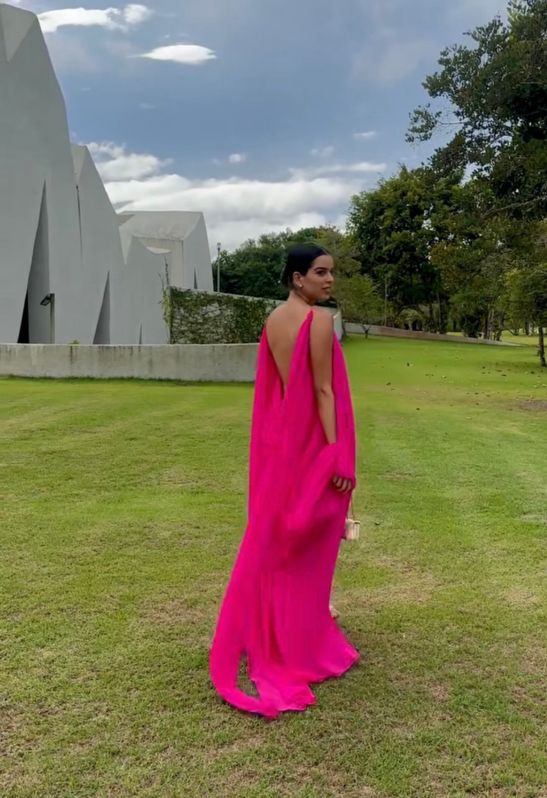Robe de soirée formelle en mousseline rose vif, dos nu, robe d'invitée de mariage J7018