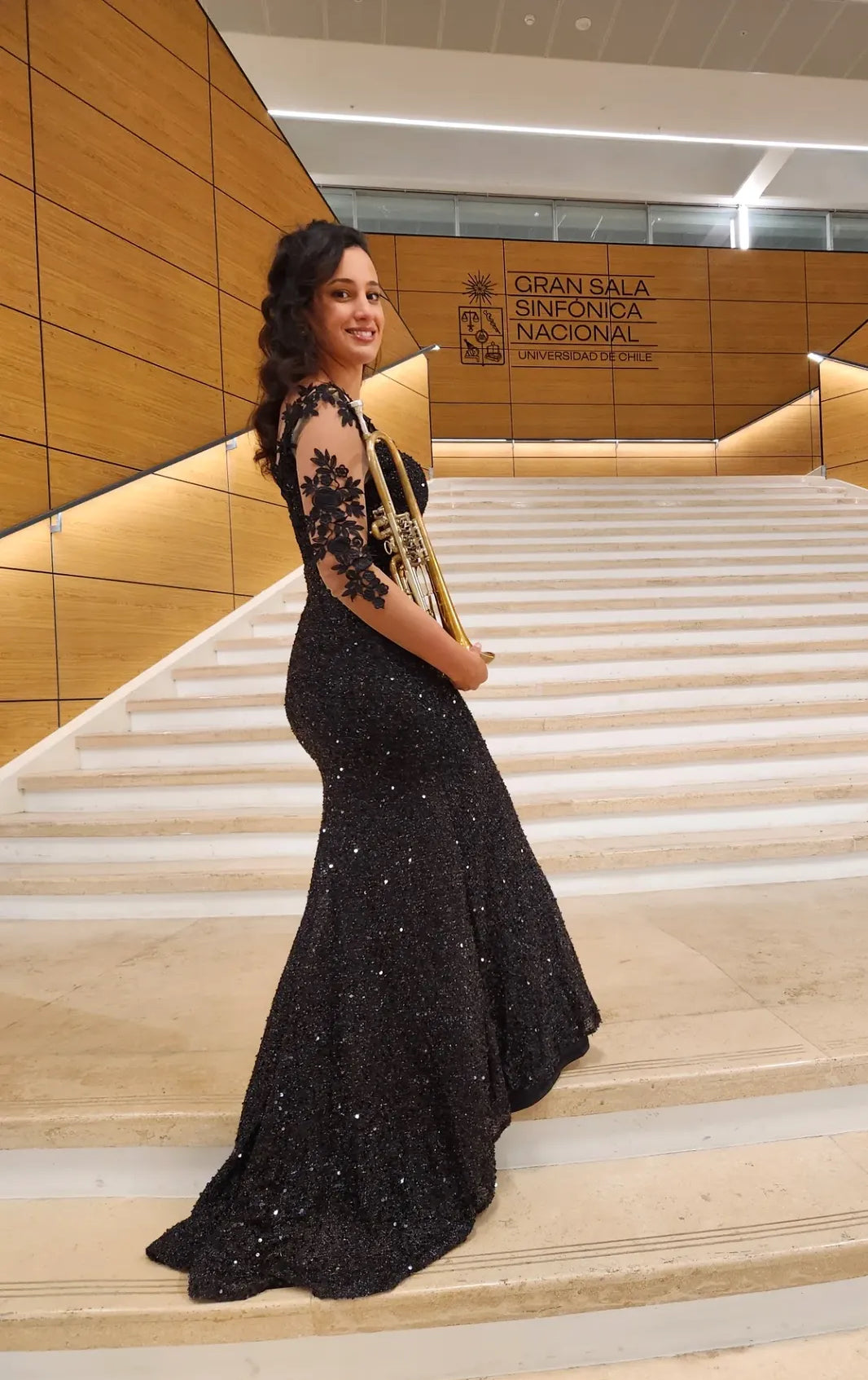 Robe de soirée sirène noire scintillante avec manches appliquées J7850