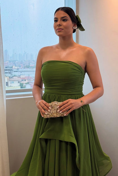 Robe de soirée verte bustier coupe trapèze pour invité de mariage, robe de bal formelle J7179