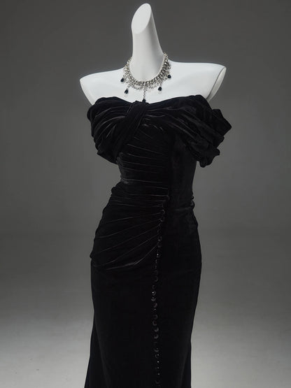 Off The Shoulder Black Mermaid Long Prom Dress Velvet Evening Dress J8438