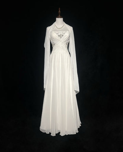 Spaghettiträger Weißes A-Linien-Abendkleid mit Perlenbesatz Langes Ballkleid J7994