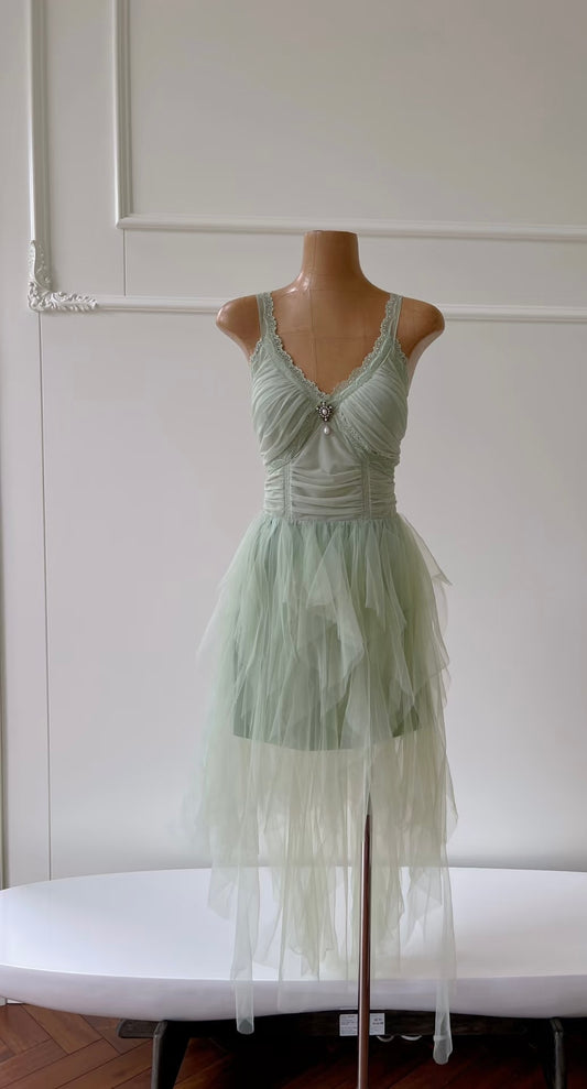 V Neck Green A Line Tulle Formal Dress Evening Party Dress  J7162