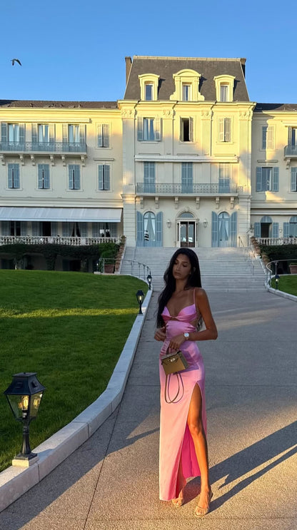 Robe de bal rose à bretelles spaghetti et fentes, tenue de soirée formelle J7025