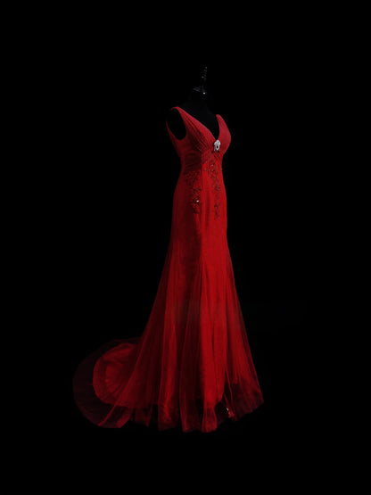 V Neck Red Mermaid Long Prom Dress Applique Evening Dress J8424