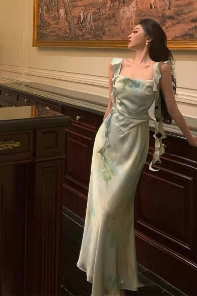 Robe de soirée verte trapèze, robe de bal à volants, tenue de soirée, tenue d'anniversaire L23