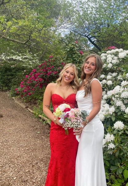 Robe de bal longue sirène rouge à décolleté en cœur avec appliques et robe de remise de diplôme J7898