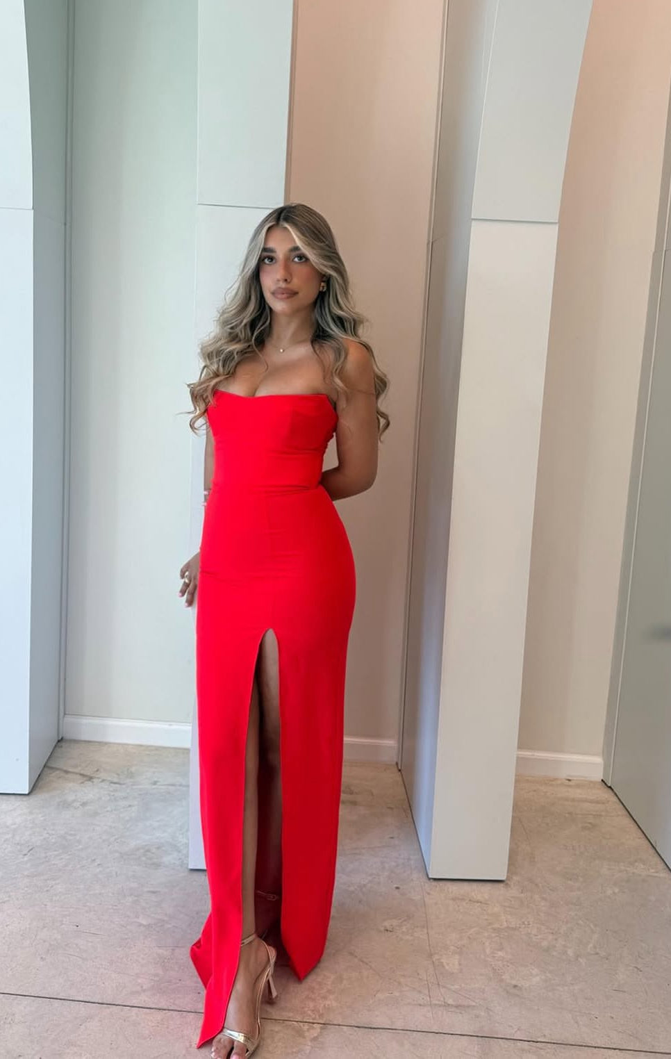 Strapless Red Sheath Slit Long Prom Dress Formal Party Dress J8010