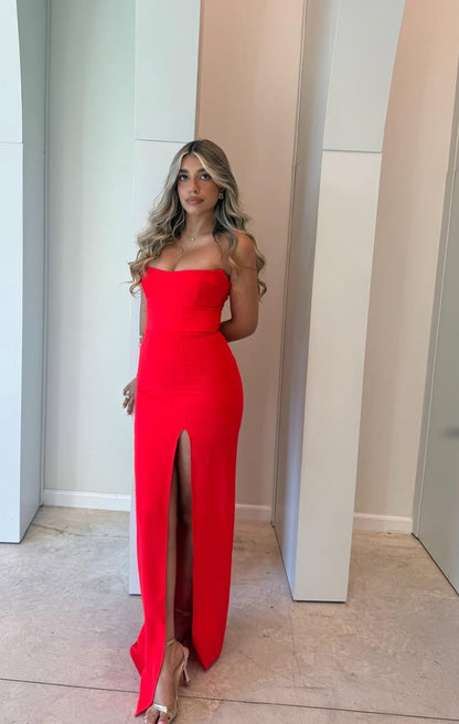 Strapless Red Sheath Slit Long Prom Dress Formal Party Dress J8010
