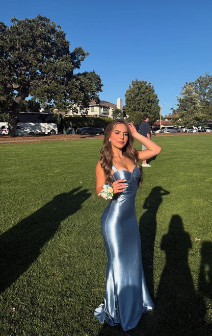 Robe de bal longue sirène bleue en satin J7906