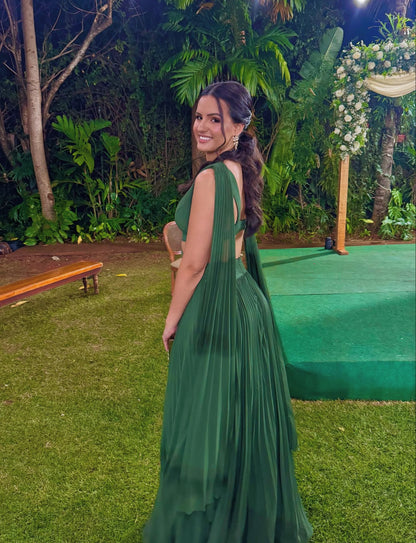 Robe de soirée de mariage plissée verte coupe A J8018