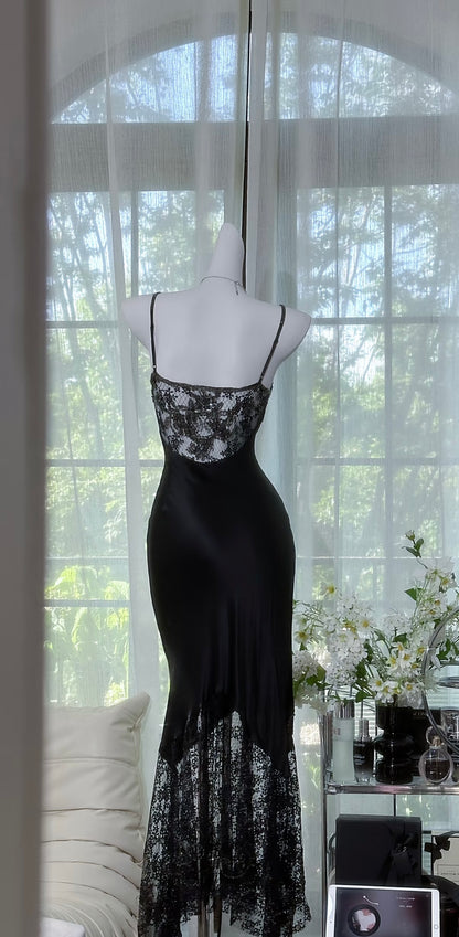 Spaghettiträger Meerjungfrau Schwarzes Ballkleid Spitze Abendkleid J7257