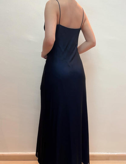 Spaghetti Straps Navy Blue Long Prom Dress Beaded Evening Gown J8550