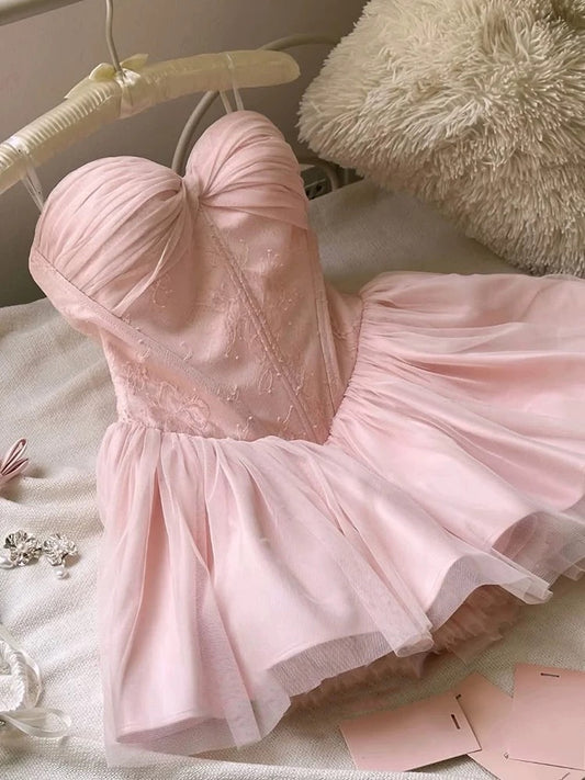 Sweetheart Pink Short Birthday Dress A Line Lace Homecoming Dress J7312