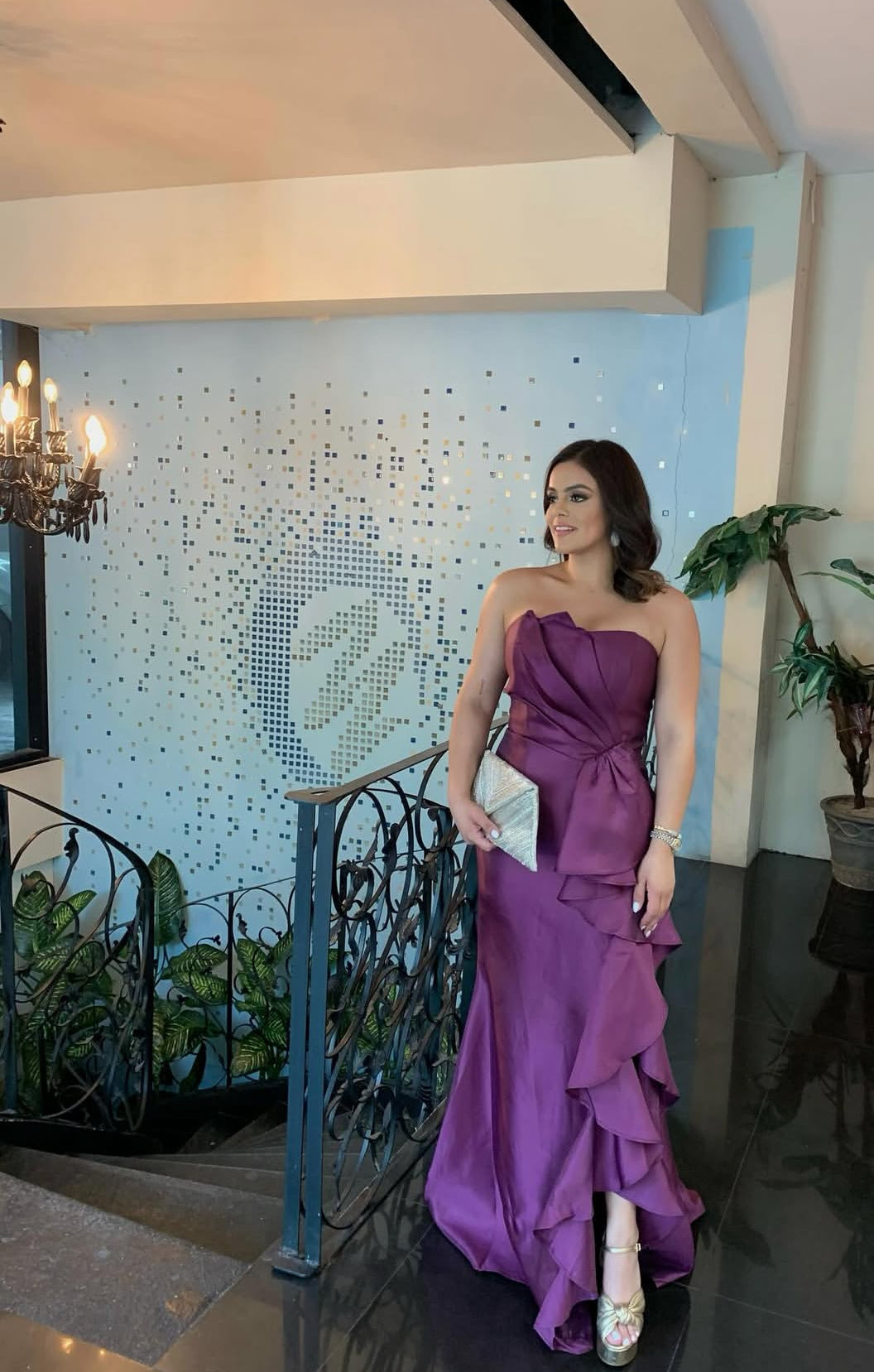 Strapless Purple Ruffle Long Prom Dress Satin Wedding Guest Dress J7950