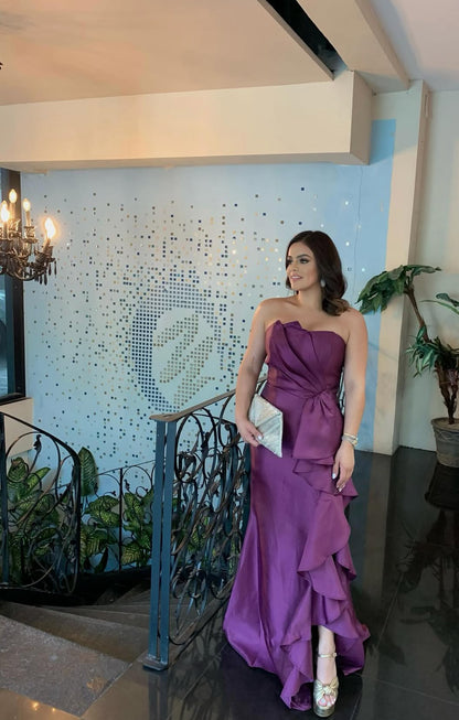 Strapless Purple Ruffle Long Prom Dress Satin Wedding Guest Dress J7950