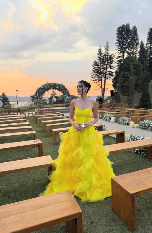 Sweetheart Yellow Wedding Guest Dress Ruffle Formal Prom Party Dress J8840