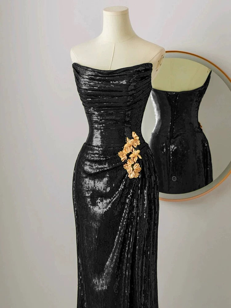 Robe de soirée noire bustier à sequins J7099