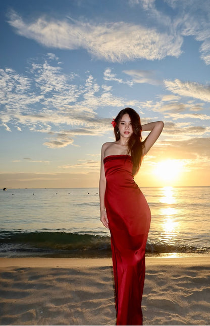 Strapless Sheath Long Prom Dress Satin Red Birthday Dress J8004