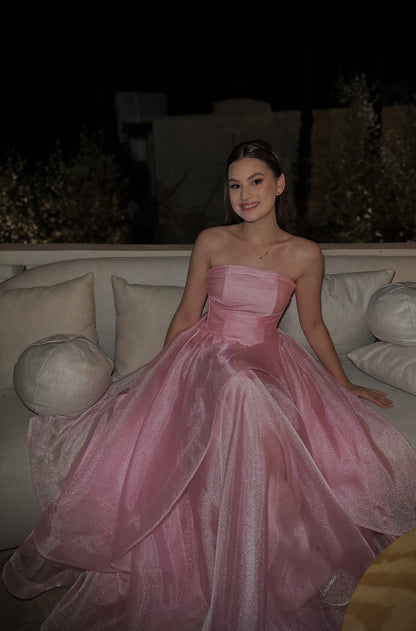 Strapless A Line Pink Prom Dress Wedding Guest Dress J7770