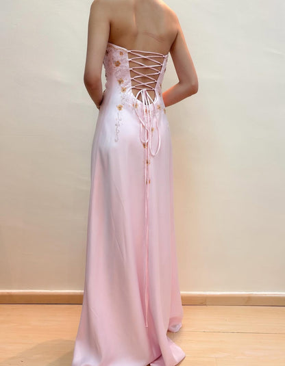 Beaded Strapless Pink Long Prom Dress Vintage Evening Dress J8576