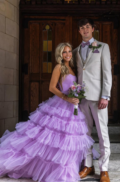 Strapless A Line Lavender Long Prom Dress Tulle Graduation Dress  J7892