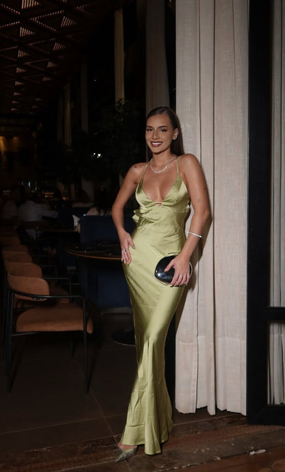 Backless Green Satin Long Prom Dress Graduation Maxi Dress J7954