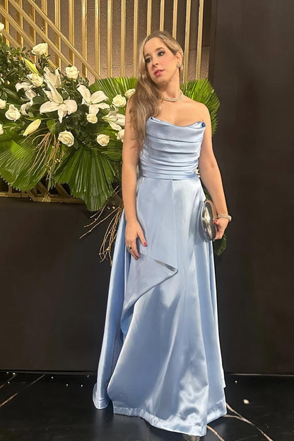 A Line Blue Satin Long Prom Dress Satin Evening Dress J7927