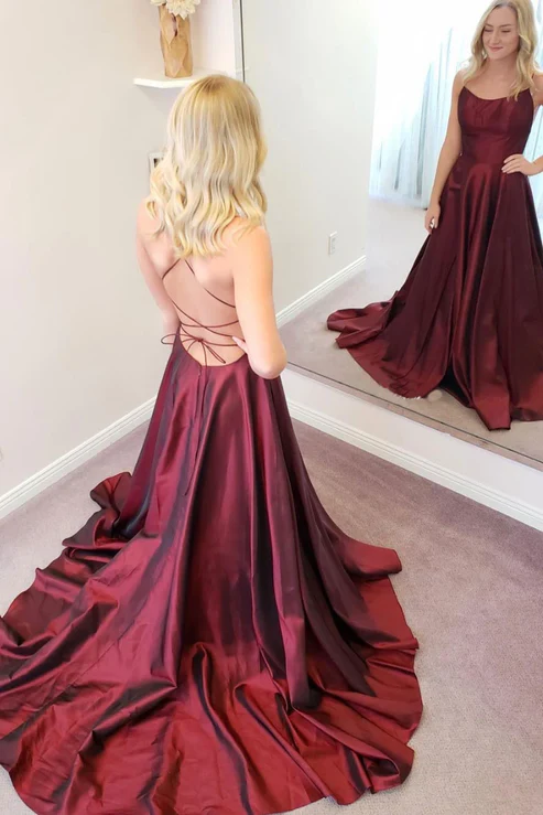 Backless A Line Burgundy Formal Prom Dress J9931