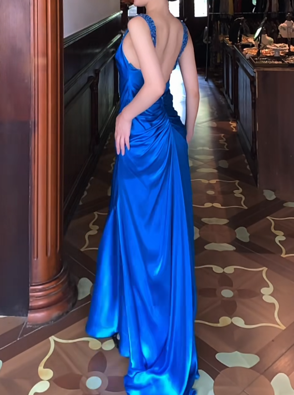 Backless Blue Satin Backless Prom Dress V Neck Evening Dress  J9681