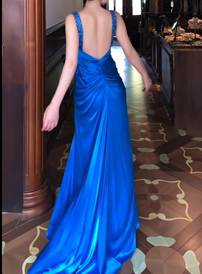 Backless Blue Satin Backless Prom Dress V Neck Evening Dress  J9681