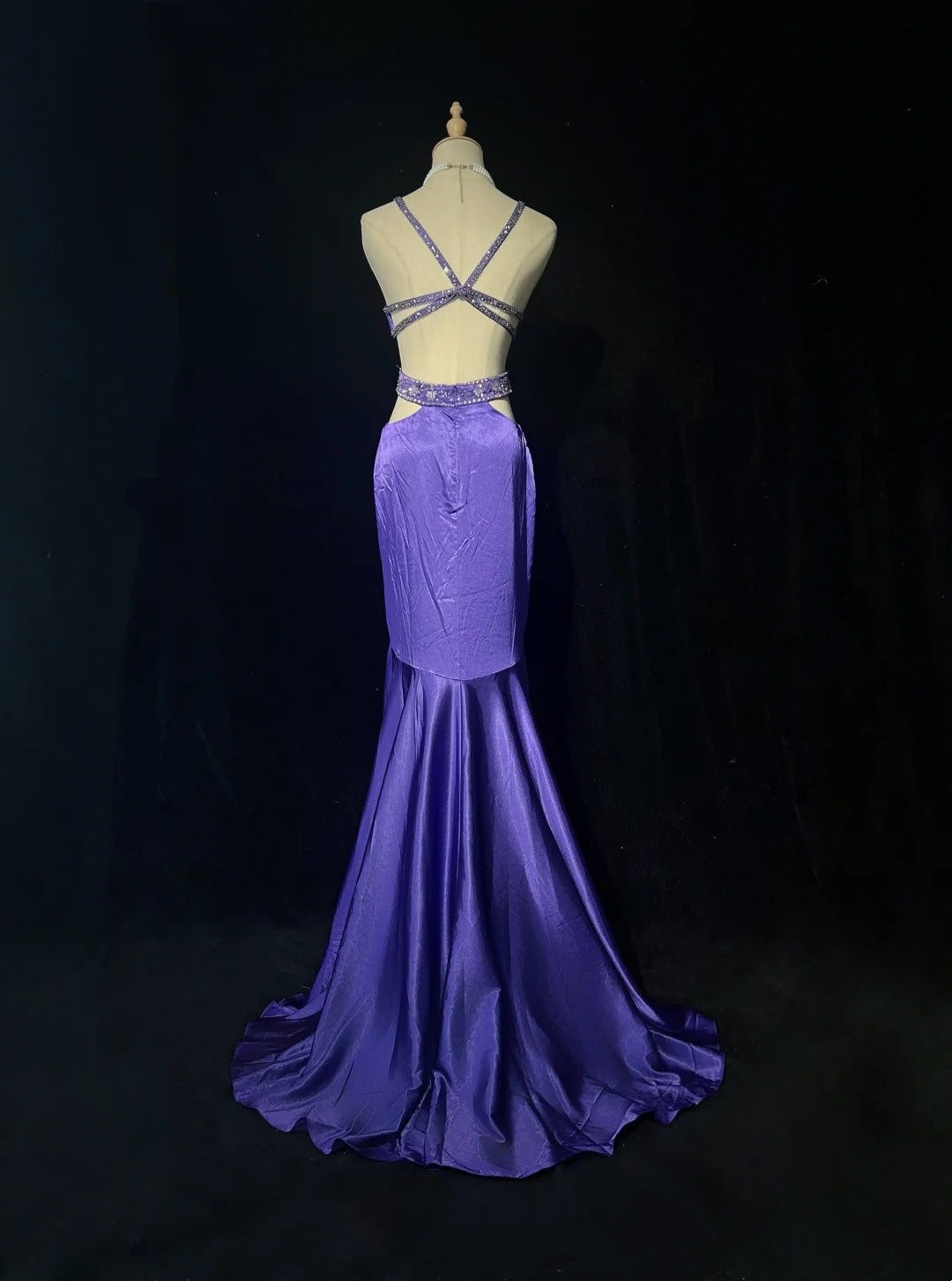Robe de bal bustier violette en satin avec appliques, robe de soirée formelle J9413