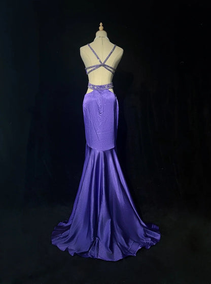Robe de bal bustier violette en satin avec appliques, robe de soirée formelle J9413