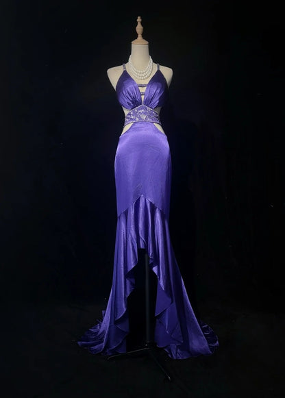 Robe de bal bustier violette en satin avec appliques, robe de soirée formelle J9413