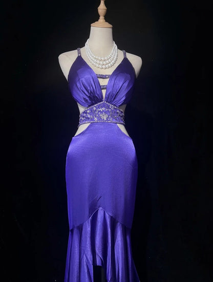 Robe de bal bustier violette en satin avec appliques, robe de soirée formelle J9413
